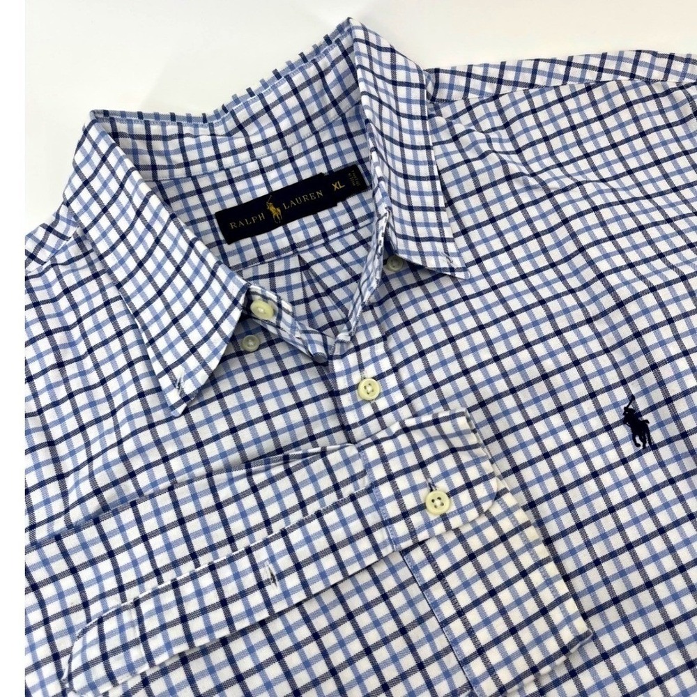 Ralph Lauren Men Button Down Shirt Blue Gingham Plaid Long Sleeve Polo Pony XL